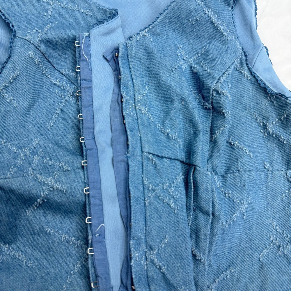 Kirious‎ Cotton Denim Corset Vest Blue Distressed Lace Trim Medium Boho Festival - Picture 10 of 12